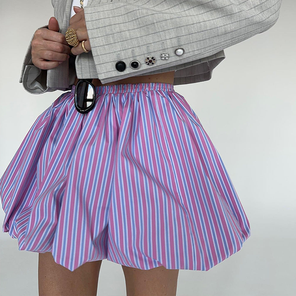 Balloon Skirt Striped Pleated Mini High Waist Skirt