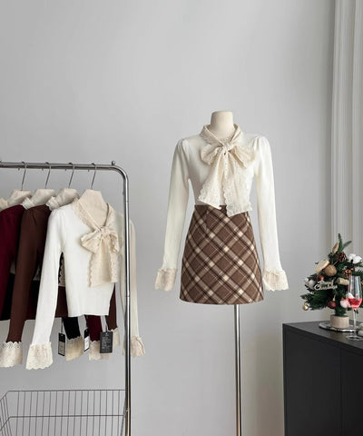 Lace Trim Tie Neck Sweater