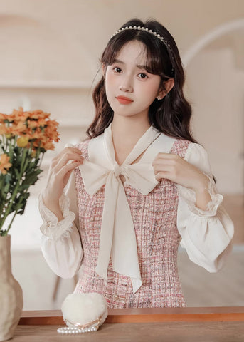 Tie Neck Tweed Mini Shift Dress