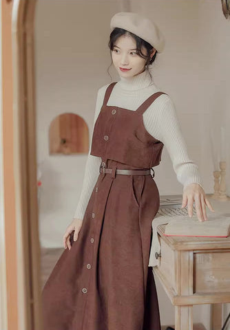 Suede Button Up Cami Pinafore Dress