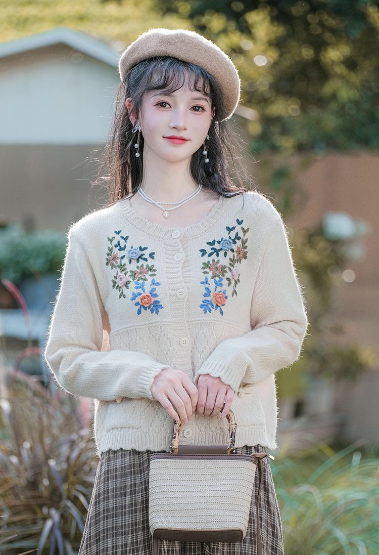 Grandma's Autumn Floral Embroidered Cardigan