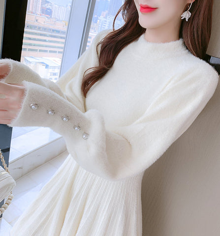 Fuzzy Puff Sleeve Sweater Dress