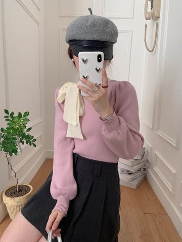 Pullover mit Puffärmeln und Bindekragen