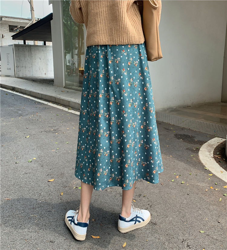 Raining Flowers Corduroy Midi Skirt