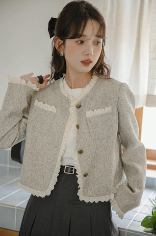 Chaqueta de tweed con ribete de encaje