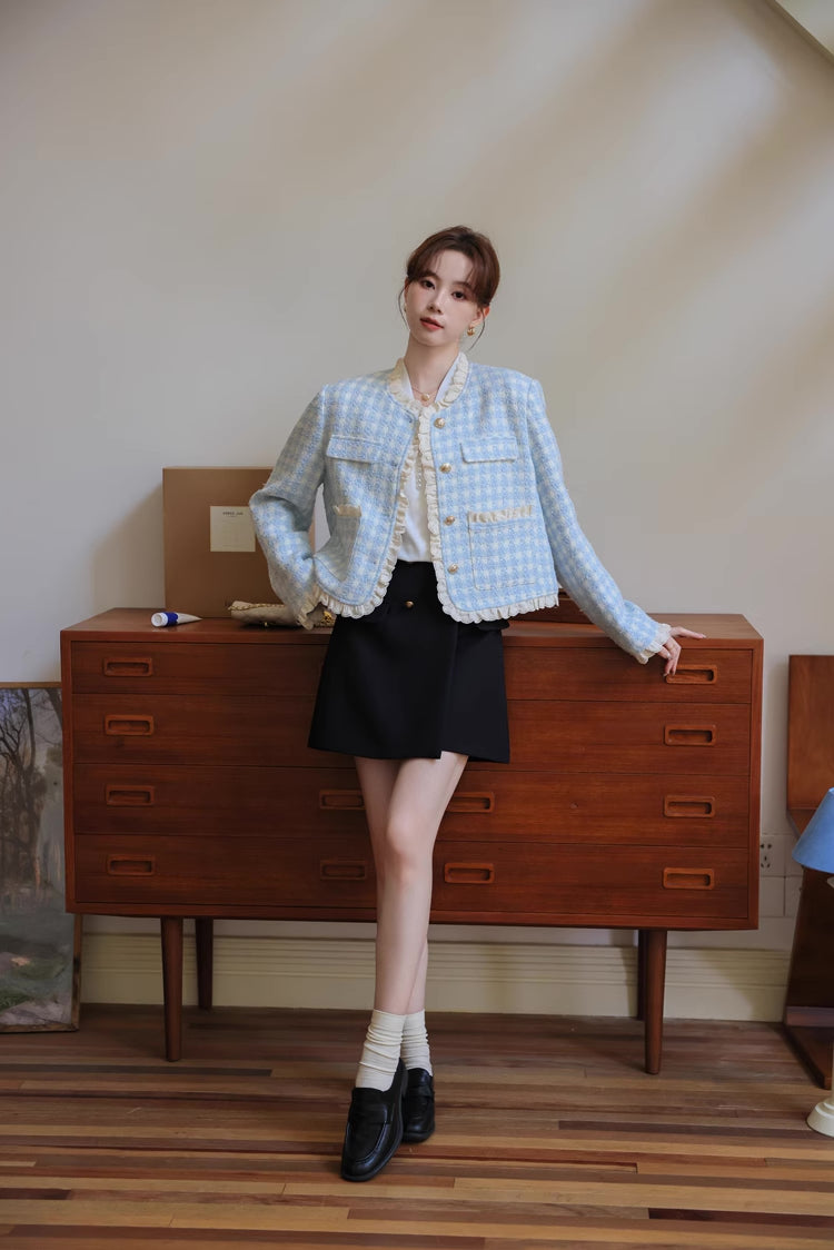 Gingham Lace Trim Tweed Jacket