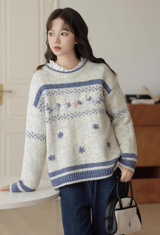 Embroidered Floral Fair Isle Sweater