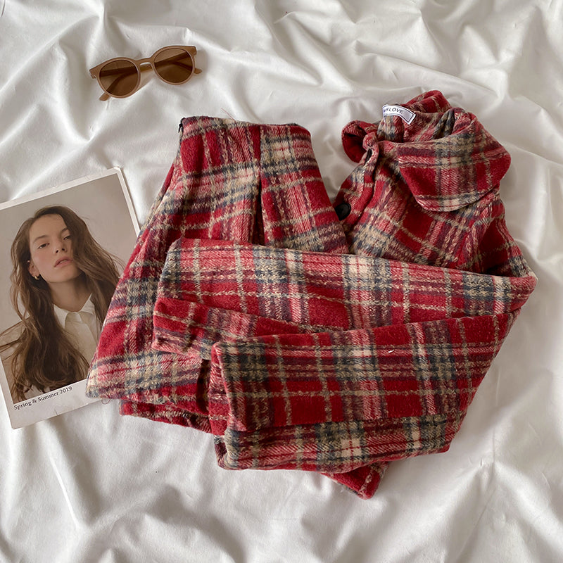 Berry Plaid Jacket & Skirt Set