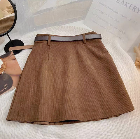 Corduroy Belted Pleat Skirt