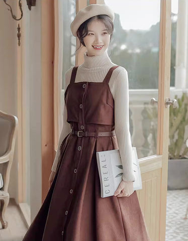 Suede Button Up Cami Pinafore Dress