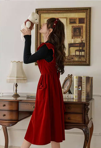 Velvet Frilly Bow Pinafore Dress