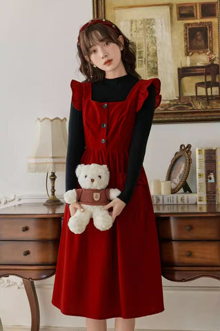 Velvet Frilly Bow Pinafore Dress