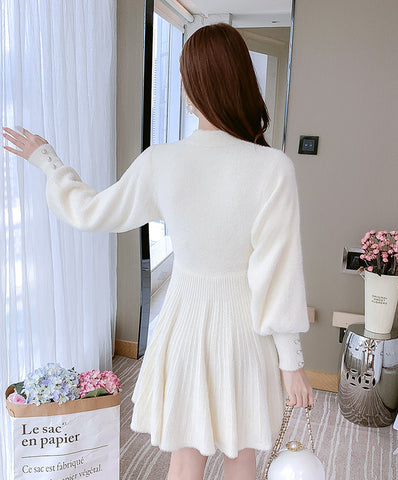 Fuzzy Puff Sleeve Sweater Dress