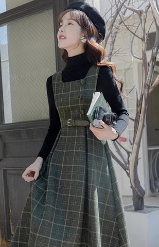 Belted Plaid Pinafore Dress