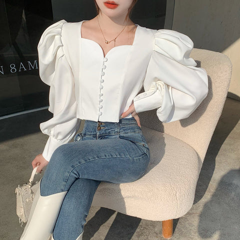 Puff Sleeve Sweetheart Button Up Blouse