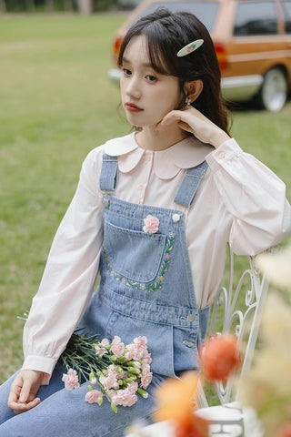 Retro Floral Embroidered Denim Overalls