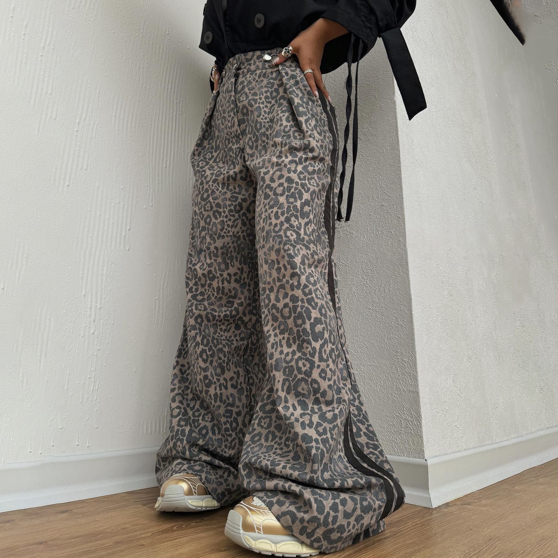 Leopard Print Striped Loose Wide-leg Trousers