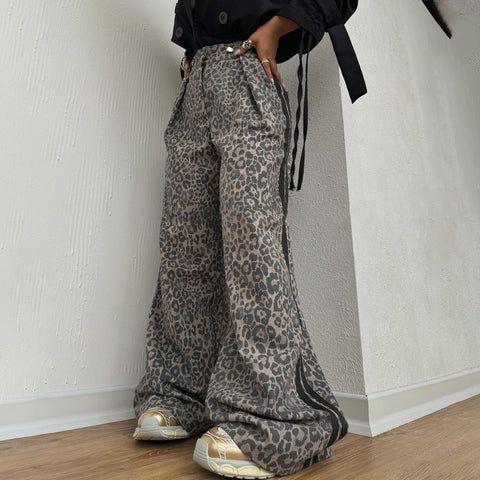 Leopard Print Striped Loose Wide-leg Trousers