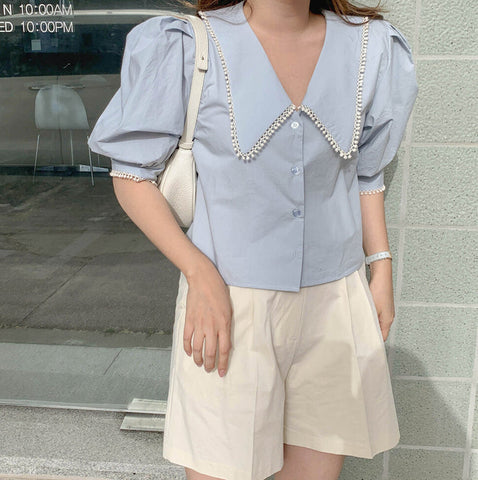 Crochet Trim Puff Sleeve Cropped Blouse