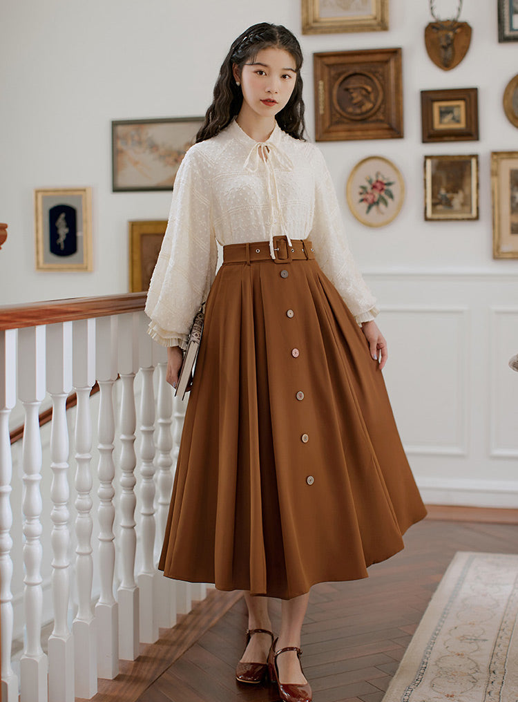 Classic Belted Button Midi Skirt