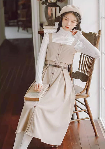 Suede Button Up Cami Pinafore Dress