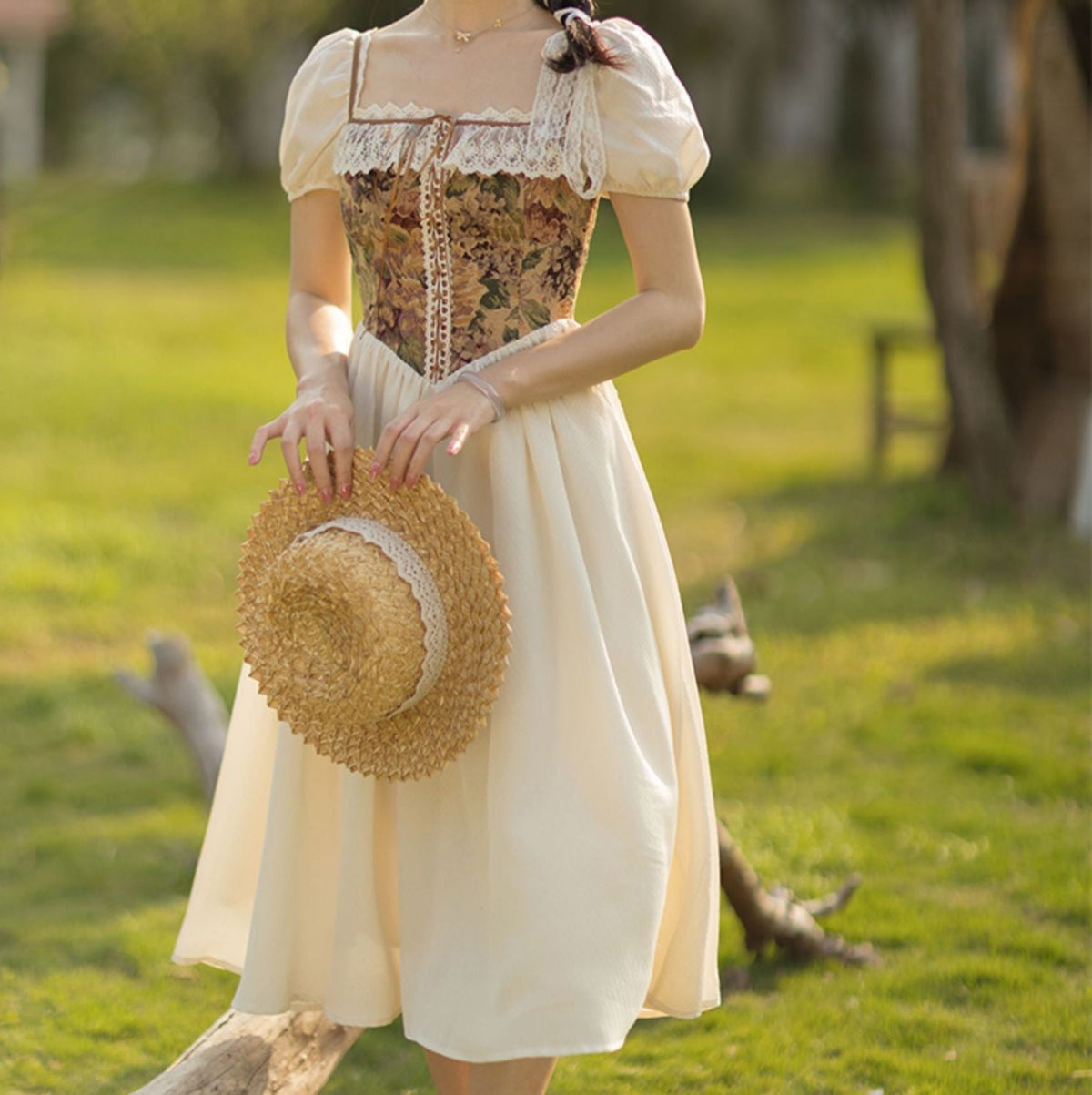 Vestido midi rústico floral campestre