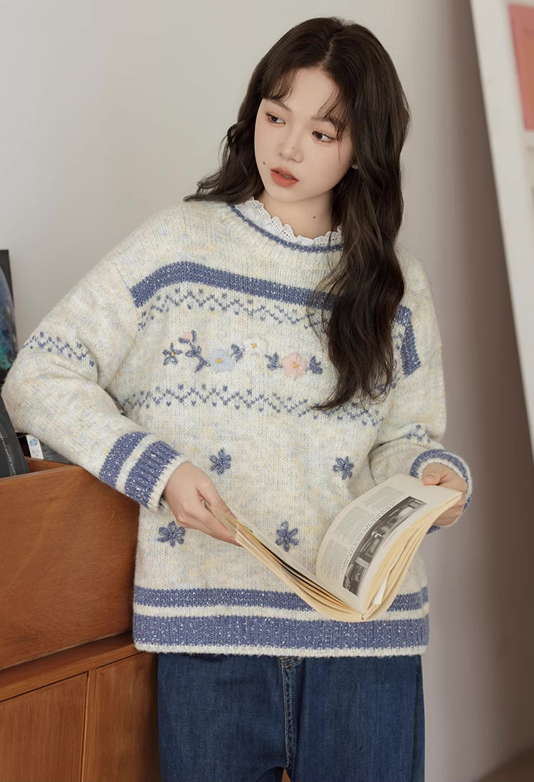 Embroidered Floral Fair Isle Sweater