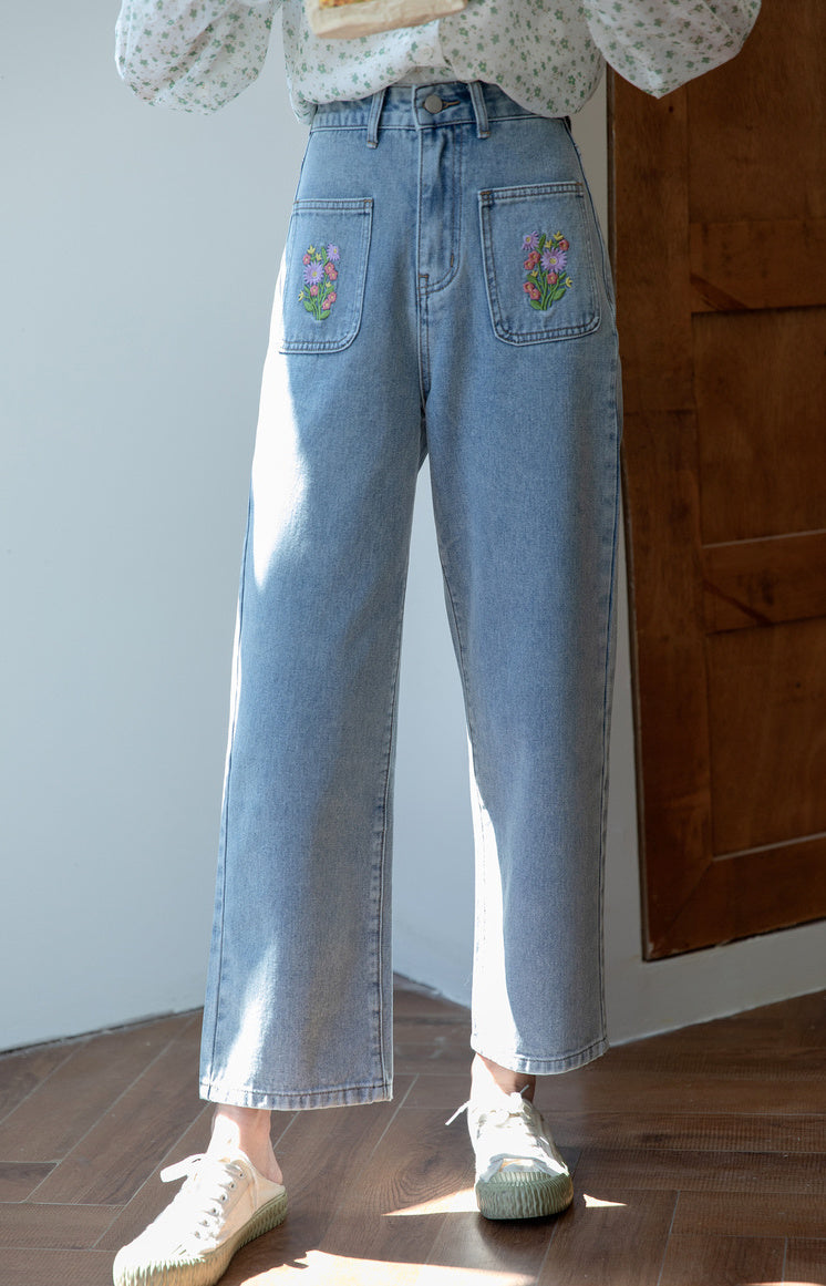 Embroidered Floral Pocket Jeans