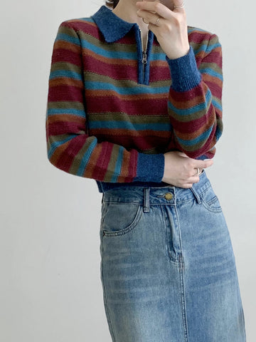 Autumn Vintage Stripe Polo Sweater