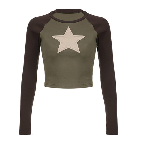 Raglan Sleeve Star Patch Knit Crop Top