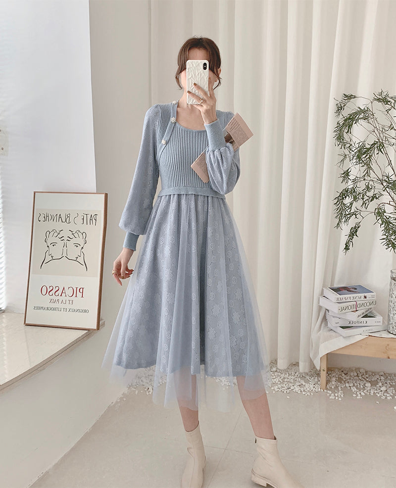 Vestido de suéter de punto con encaje