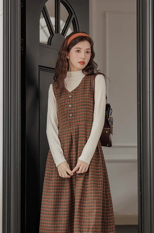Fallen Leaves Plaid Pinafore Dress Set