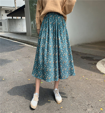 Raining Flowers Corduroy Midi Skirt