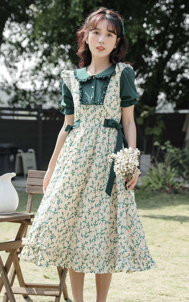 Flower Buds Pinafore Twofer Dress