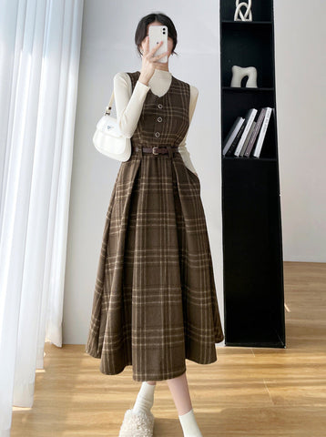 Coffee Plaid Midi Pinafore Dress