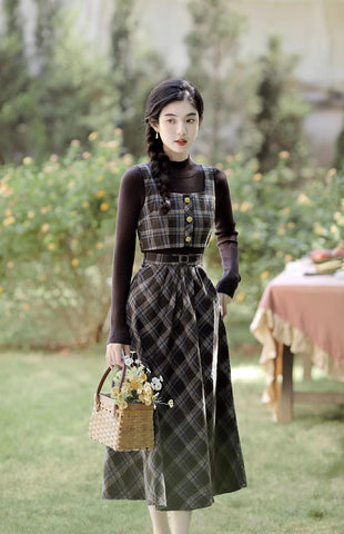 Mint Mocha Kariertes zweiteiliges Midi-Set