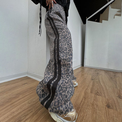 Leopard Print Striped Loose Wide-leg Trousers