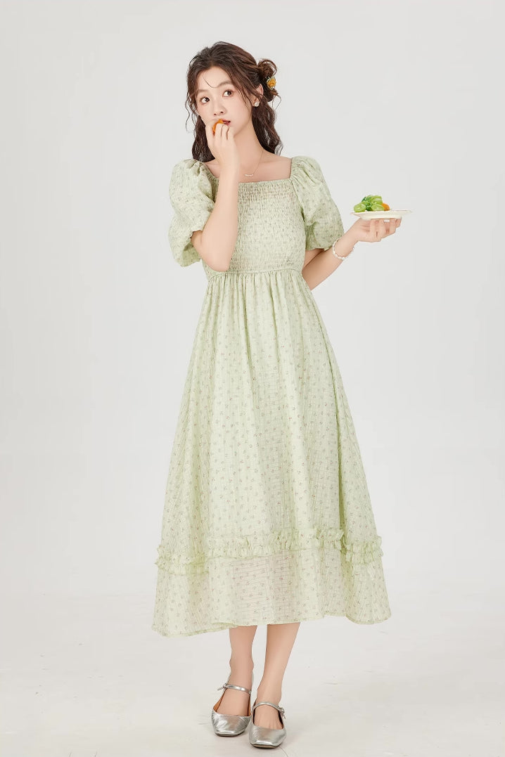 Minty Floral Puff Sleeve Midi Dress