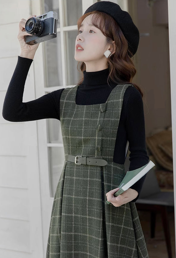 Belted Plaid Pinafore Dress