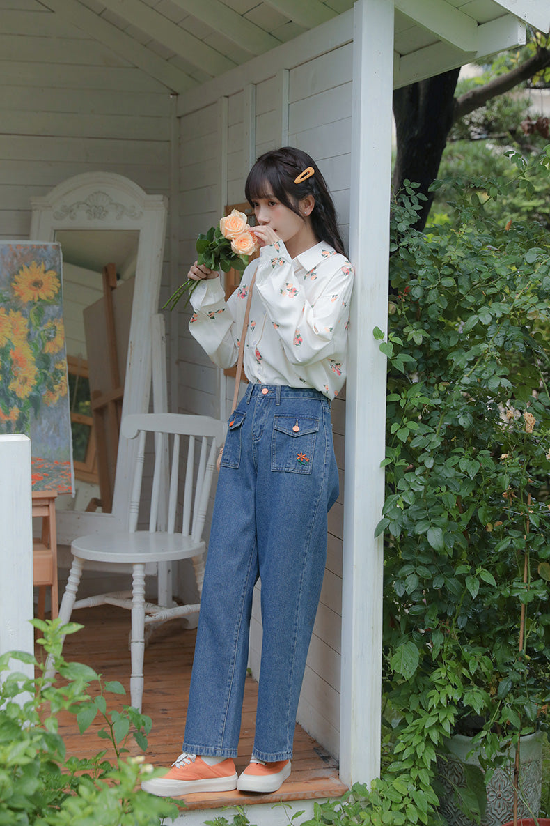 Embroidered Button Pocket Jeans