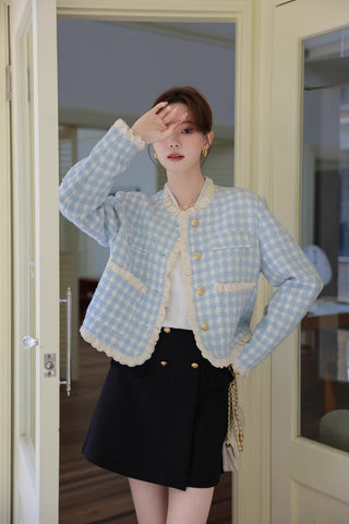 Gingham Lace Trim Tweed Jacket