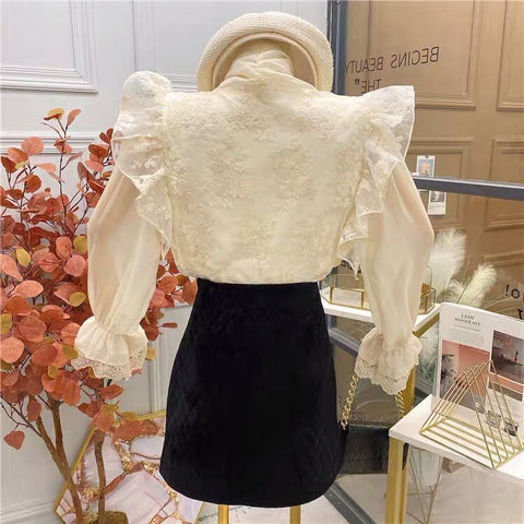 Ruffle Lace Tie Neck Blouse