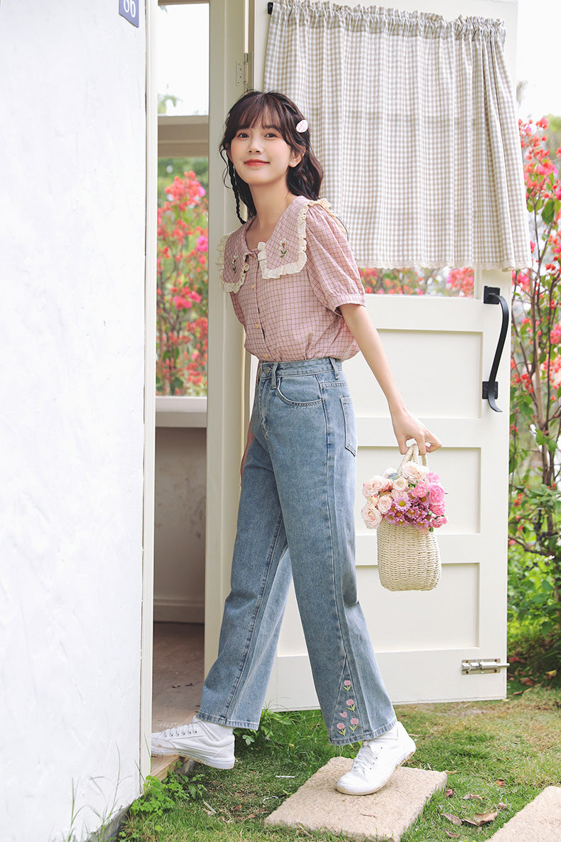 Blusa a cuadros con flores de cabaña