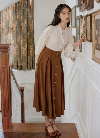 Classic Belted Button Midi Skirt