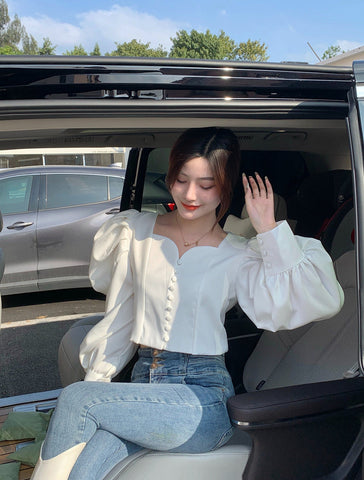 Puff Sleeve Sweetheart Button Up Blouse