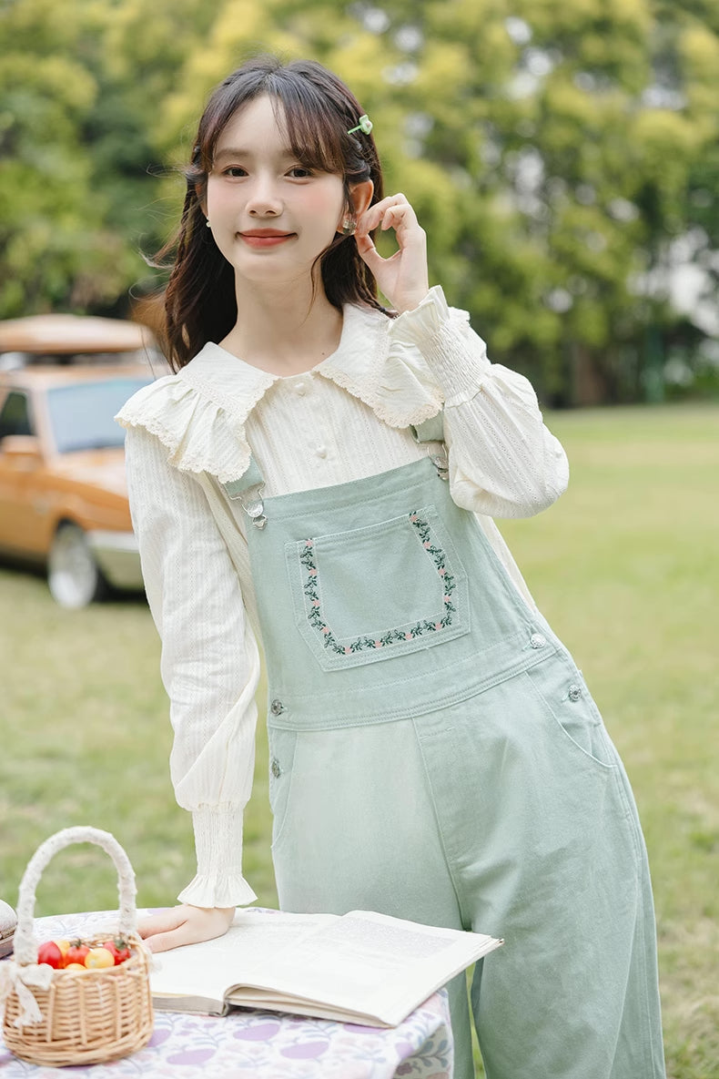 Flower Vines Embroidered Overalls