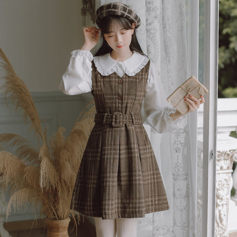 Coffee Plaid Pinafore Dress / Blouse