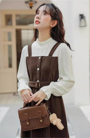 Corduroy Knit Belted Twofer Midi Dress