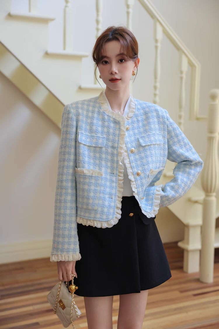 Gingham Lace Trim Tweed Jacket