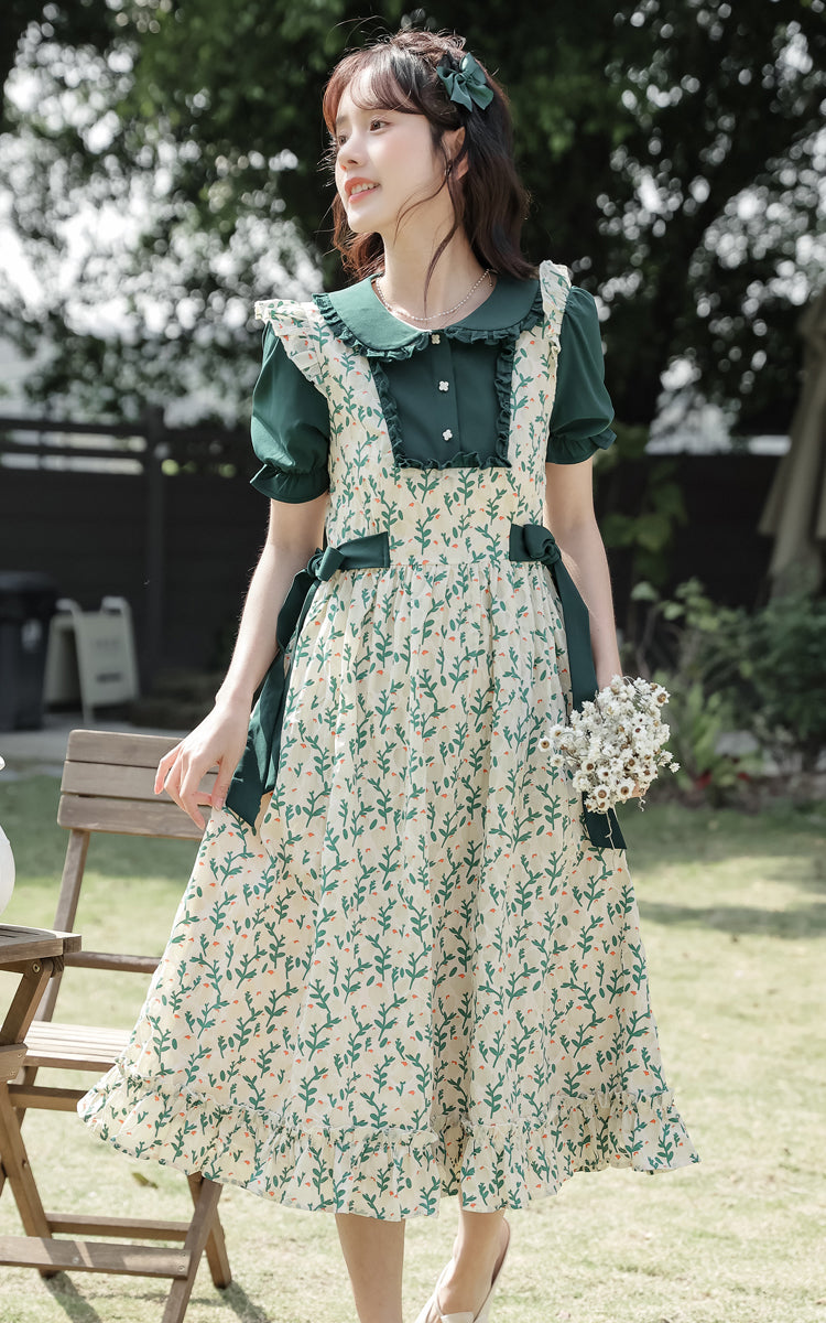 Vestido dos piezas con pechera y capullos de flores